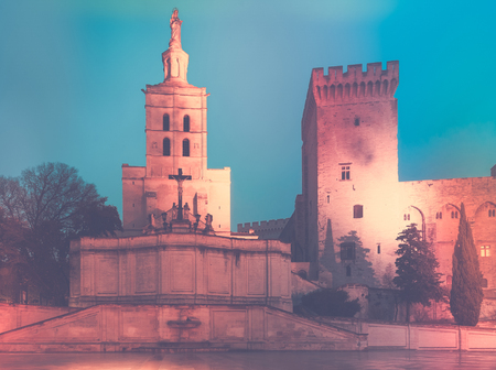 Evening view of Palais des Papes, historic centre of Avignon, Franceの写真素材