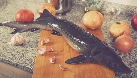 Whole raw sturgeon lying on wooden board with pomegranates and spices on stone tabletop の写真素材