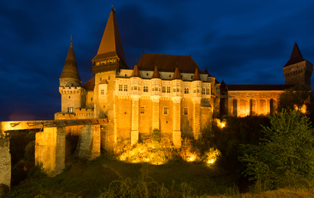 Medieval Corvin Castle in south of Transylvania in night lights, Hunedoara, Romaniaのeditorial素材