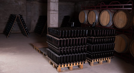 Inside view of wine vault with stacked wine bottles and wooden wine barrels
