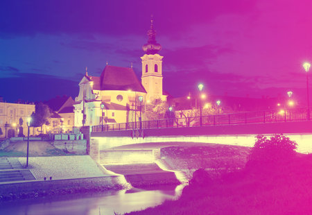 View on night streets of Gyor is colorful landmark of Hungary outdoors.