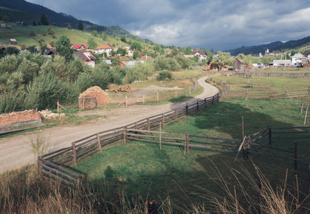 Rural landscape of romanian village Sadova, Suceava county, Romania