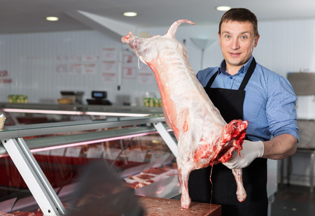 Skillful butcher processing carcase of young lamb for sale at butcheryの写真素材