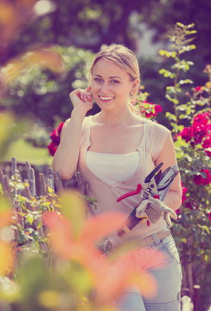 portrait of smiling young  female gardener caring blossoming bush roses in yard
の写真素材