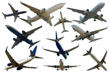Collection of passenger aircrafts isolated on white backgroundの写真素材