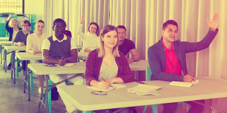Portrait of attentive adult students on training session in auditorium 
の写真素材