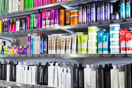 BARCELONA, SPAIN - MARCH 31, 2018: Shelves with different hair care products in a cosmetics storeのeditorial素材