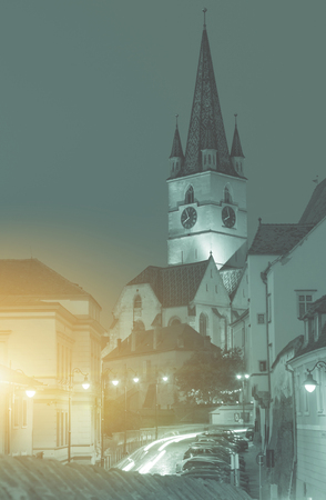 View of Cathedral from streets of Sibiu in Romania.の写真素材