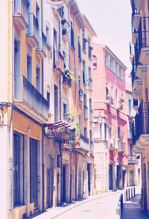 narrow street of european city.  Gironaの写真素材