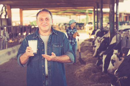 Confident male farm owner approvingly demonstrating milk on dairy farmの写真素材