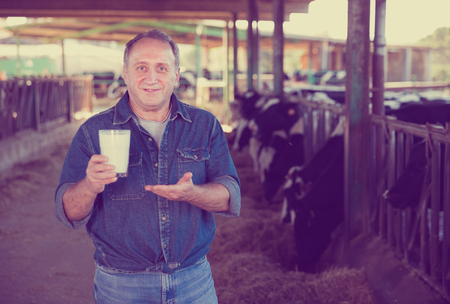 Confident male farm owner approvingly demonstrating milk on dairy farmの写真素材