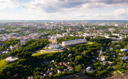 Aerial view of architectural ensemble of Dormition Cathedral and Cathedral of St. Dmitrii in Russian...