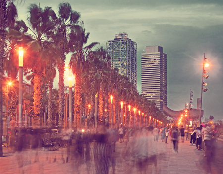 Palm alley on waterfront in Barcelona in summer evening with blurred people
