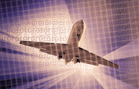 White plane flying on background of blurred skyscrapers and binary key
