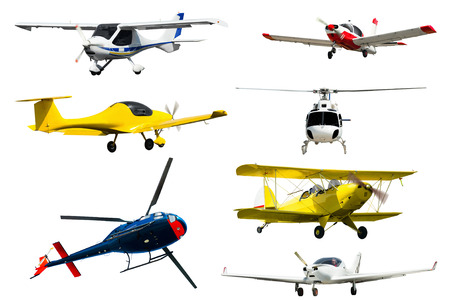 Seaplanes, airliners, gliders, light-sport airplanes isolated on white backgroundの写真素材