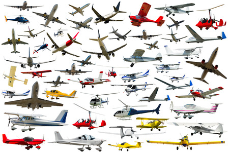 Collection of powered flying vehicles isolated on white backgroundの写真素材