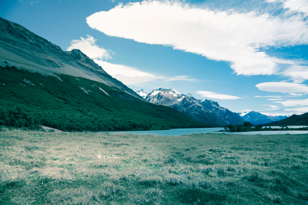 View on mountaintops and surroundings in Los Glaciares National Park in Argentinaの写真素材