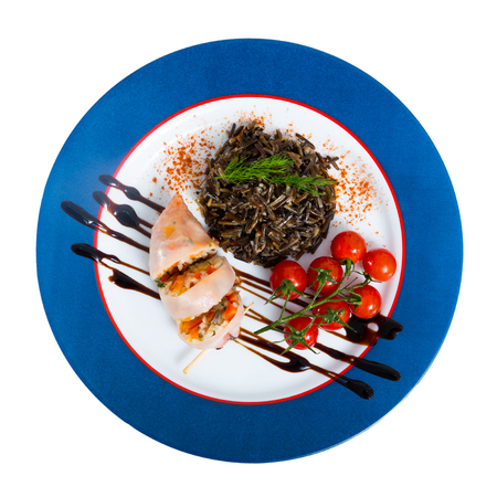 Plate with squid stuffed with bell pepper, egg, wild rice and greens. Isolated over white backgroundの写真素材