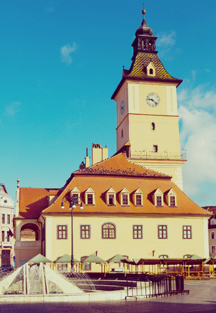 View of centre of medieval Brasov with Council House, Romaniaの写真素材