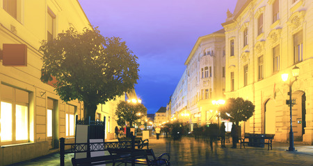 View on night streets of Gyor is colorful landmark of Hungary outdoors.の写真素材