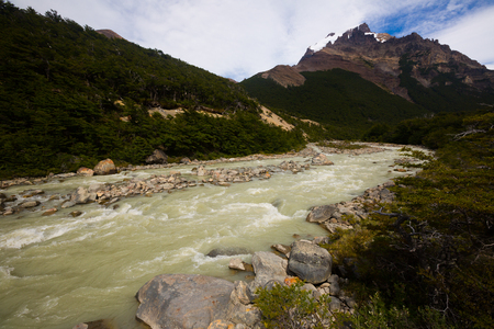 Stream from melting glaciers in Andes mountains (Cerro Fitzroy, Cerro Chaltel, Chalten, Monte Fitz Roy). Patagonia, Argentina, Chile, Andesの写真素材