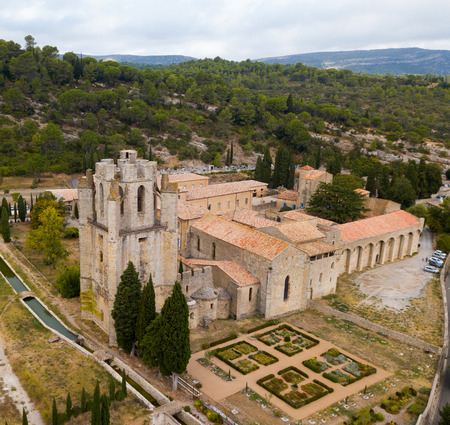 Aerial view  of Castle of Abbey Sainte-Marie d'Orbieu in Lagrasse,  Franceのeditorial素材