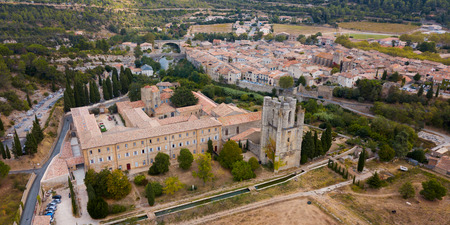Aerial view  of Castle of Abbey Sainte-Marie d'Orbieu in Lagrasse,  Franceのeditorial素材