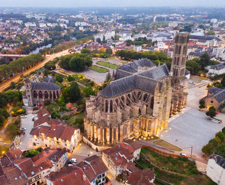 Aerial view of landmark of famous cathedral in Limoges cityilluminated at dusk  in Franceの写真素材