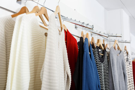 Various clothes on hangers and shelfs in clothing boutique interior