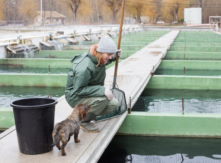 Young female worker catching fish from reservoir with hoop net on sturgeon farm