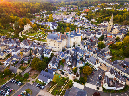 Aerial view of medieval castle of Chateau de Langeais located in commune of same name in Indre-et-Loire department, Franceのeditorial素材