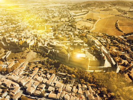 Aerial view of Carcassonne cityscape with medieval fortress of Cite de Carcassonne, Aude, Occitanie, Franceの写真素材