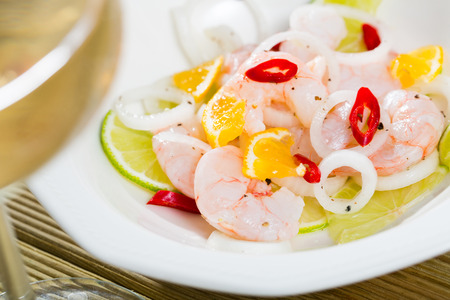 Sea food â shrimp ceviche with lime, mandarin, onion and hot pepperの写真素材