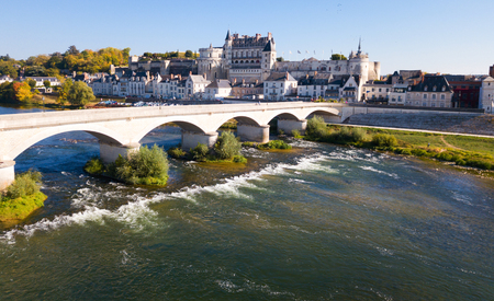 View of gorgeous medieval castle Chateau in Amboise on river Loire, Franceのeditorial素材