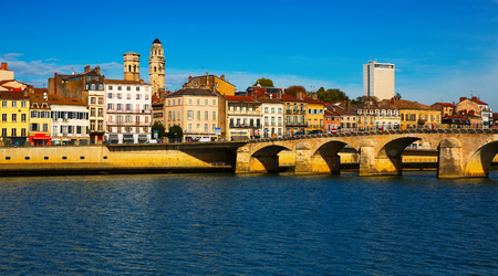 Panoramic view of city of Macon with Saone river on sunny autumn day, Burgundy, Franceの写真素材