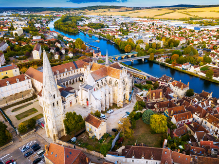 Image of aerial view of famous old town Auxerre  with river  in  Franceの写真素材