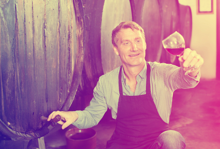 Portrait of male seller in uniform promoting to taste wine before purchasing it at the cellarの写真素材