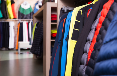 Store interior with large choice of modern new skiwearの写真素材