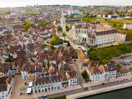 Image of aerial view of famous old town Auxerre  with river  in  France