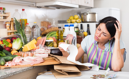 Female is upset of check on food at home.の写真素材