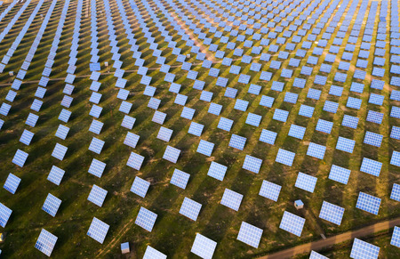 Aerial view of solar panels of modern photovoltaic power stationの写真素材