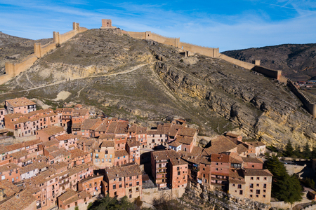 View from drone of Albarracin cityscape with ancient defensive walls and Cathedral tower, Aragon, Spainの写真素材