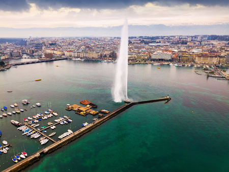 Aerial view of the fountain on the Lake Leman. Geneva. Switzerlandの写真素材