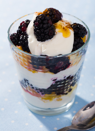 Dessert from yogurt with blackberries and orangeの写真素材