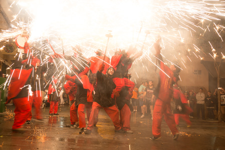 BADALONA, SPAIN â JULY 11, 2016: people during firework performance at Fiesta de Sant Antonio in Lliefia districtのeditorial素材