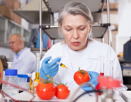 Professional female geneticist working in laboratory, injecting additives into tomatoes during...
