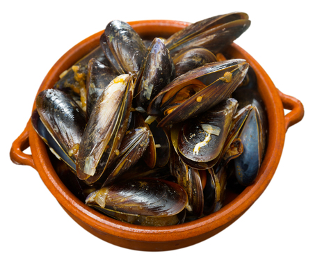 French dish - mussels with onion sauce. Isolated over white backgroundの写真素材