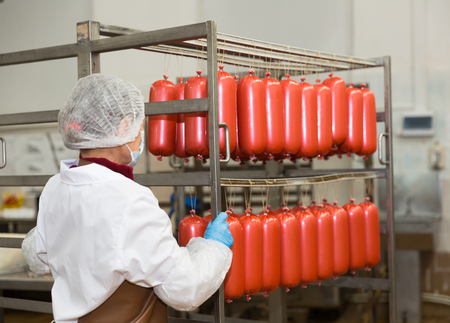 Workwoman carrying trolley with sausages hanging on racks prepared for smoking at meat and sausage making plantの写真素材