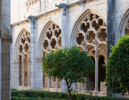 Architecture of cloister in courtyard of Monastery of Santa Maria de Santes Creus, Catalonia, Spain