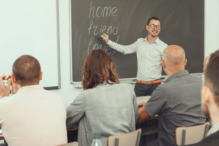 Young lecturer talking to mixed age  students during seminar